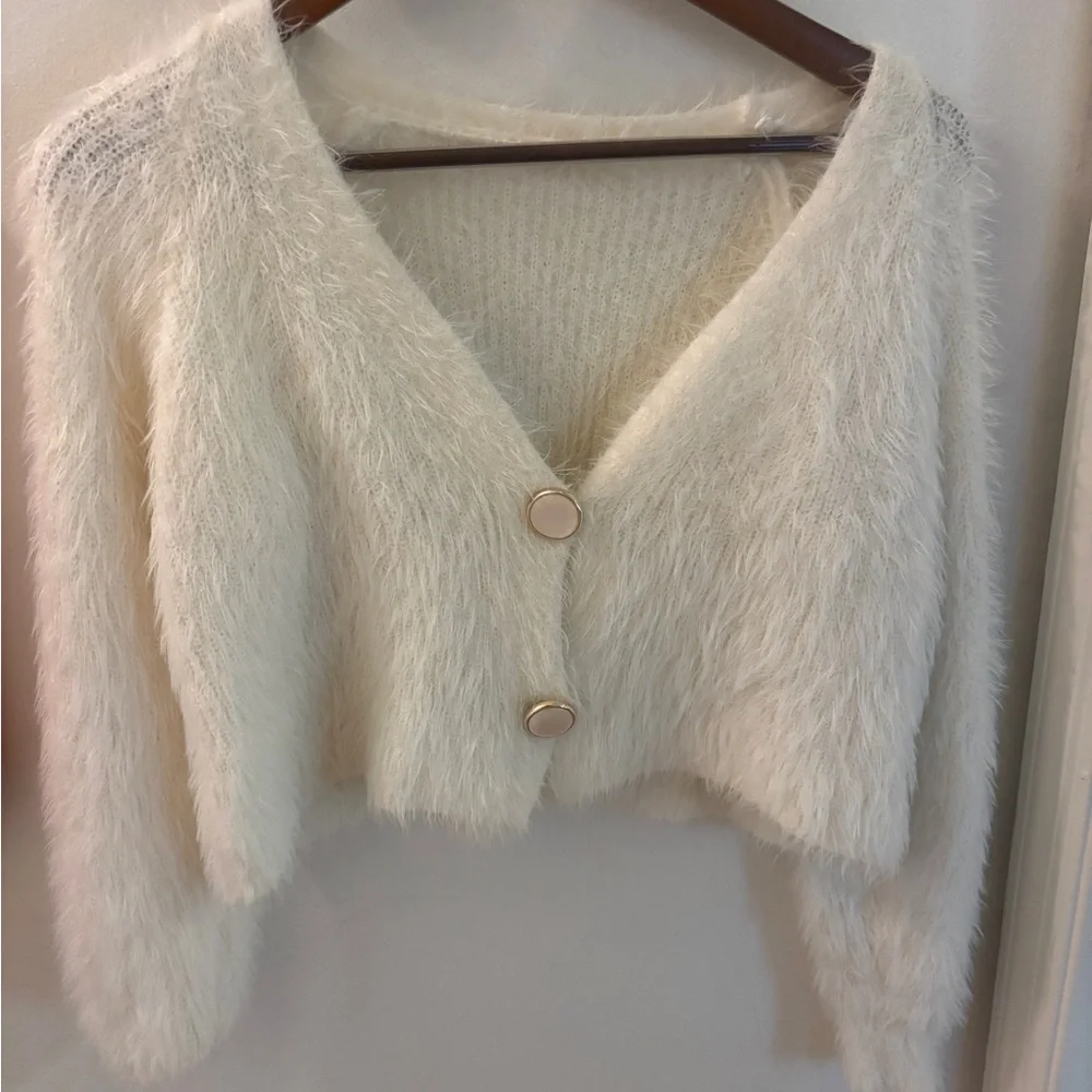 Fuzzy White Cropped Cardigan with Button Closure - Picture 1 of 5